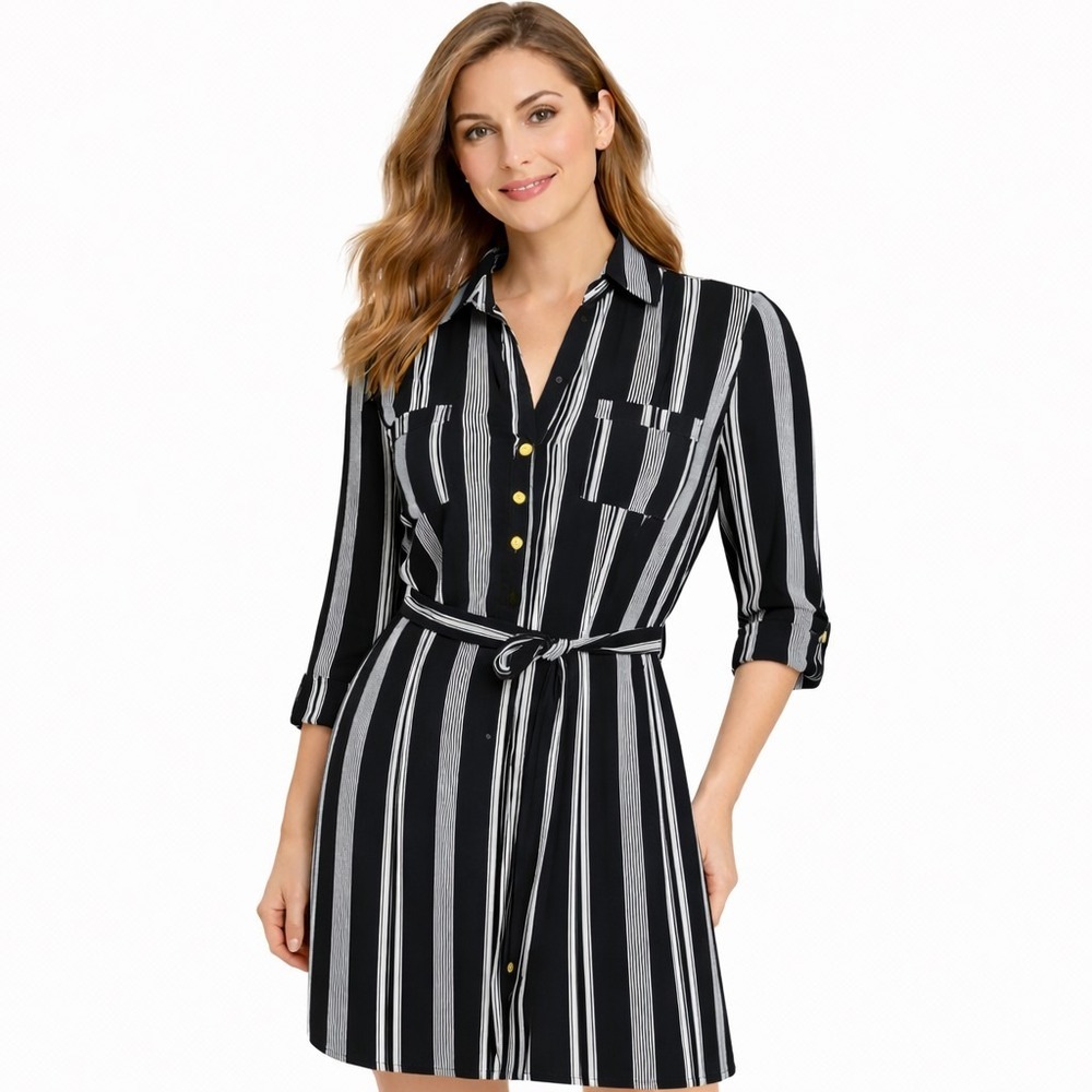 URBAN‎ GIRL Size XL 100% B&W Rayon Crepe Belted Roll Tab Sleeve Mini Shirt Dress